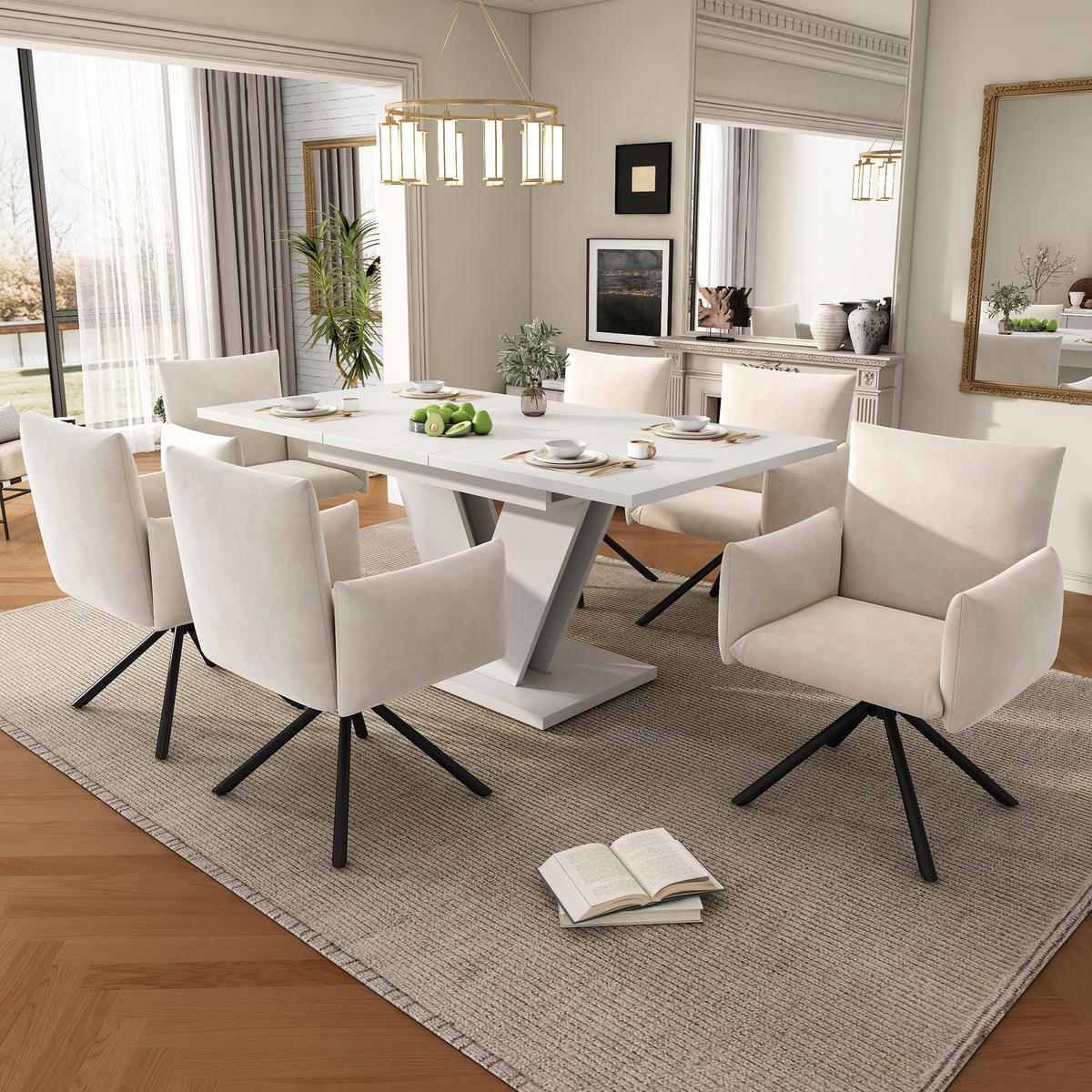 AUSZIEHTISCH 120/80 cm in Weiß mit V-Metallgestell, ausziehbar für 4–8 Personen - Weiß, Holzwerkstoff (160/80/75cm) - BEAOK