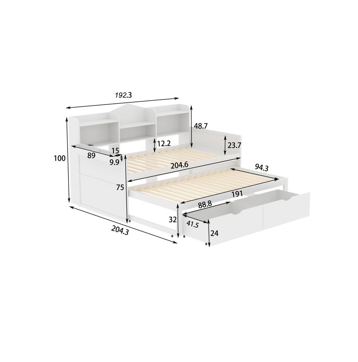 BETT 90/200 cm aus Holz mit Ausziehbett, Weiß - Weiß, Holz (90/200cm) - OKMYHOME