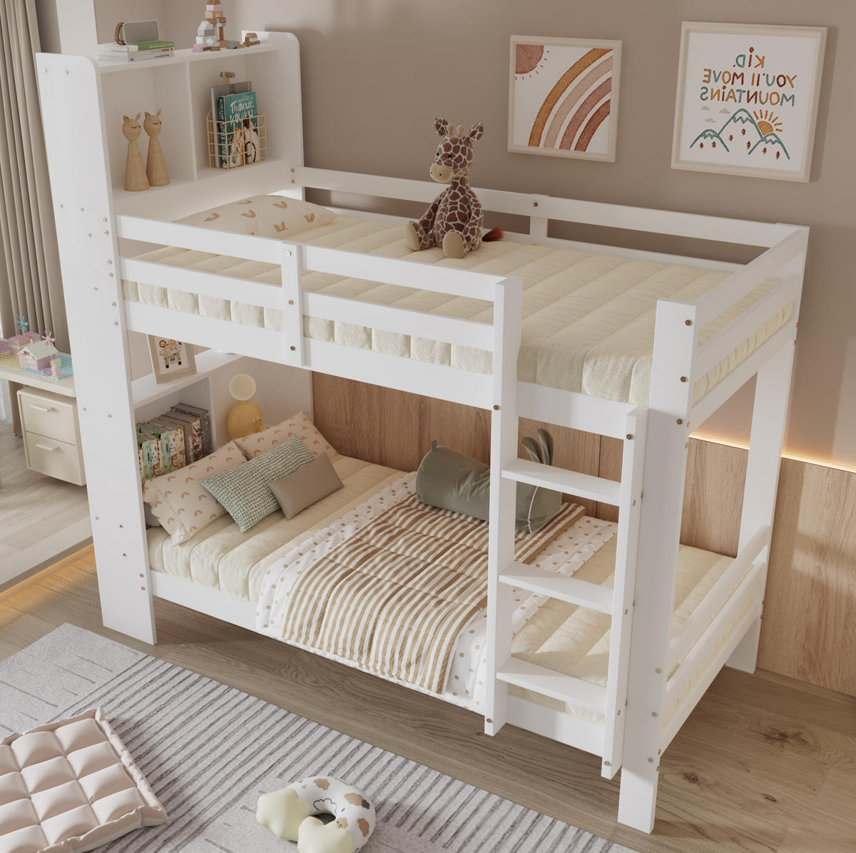 ETAGENBETT 90/200 cm Weiß mit Regalen und sicherer Leiter aus Massivholz - Weiß, Holzwerkstoff (90/200cm) - OKWISH