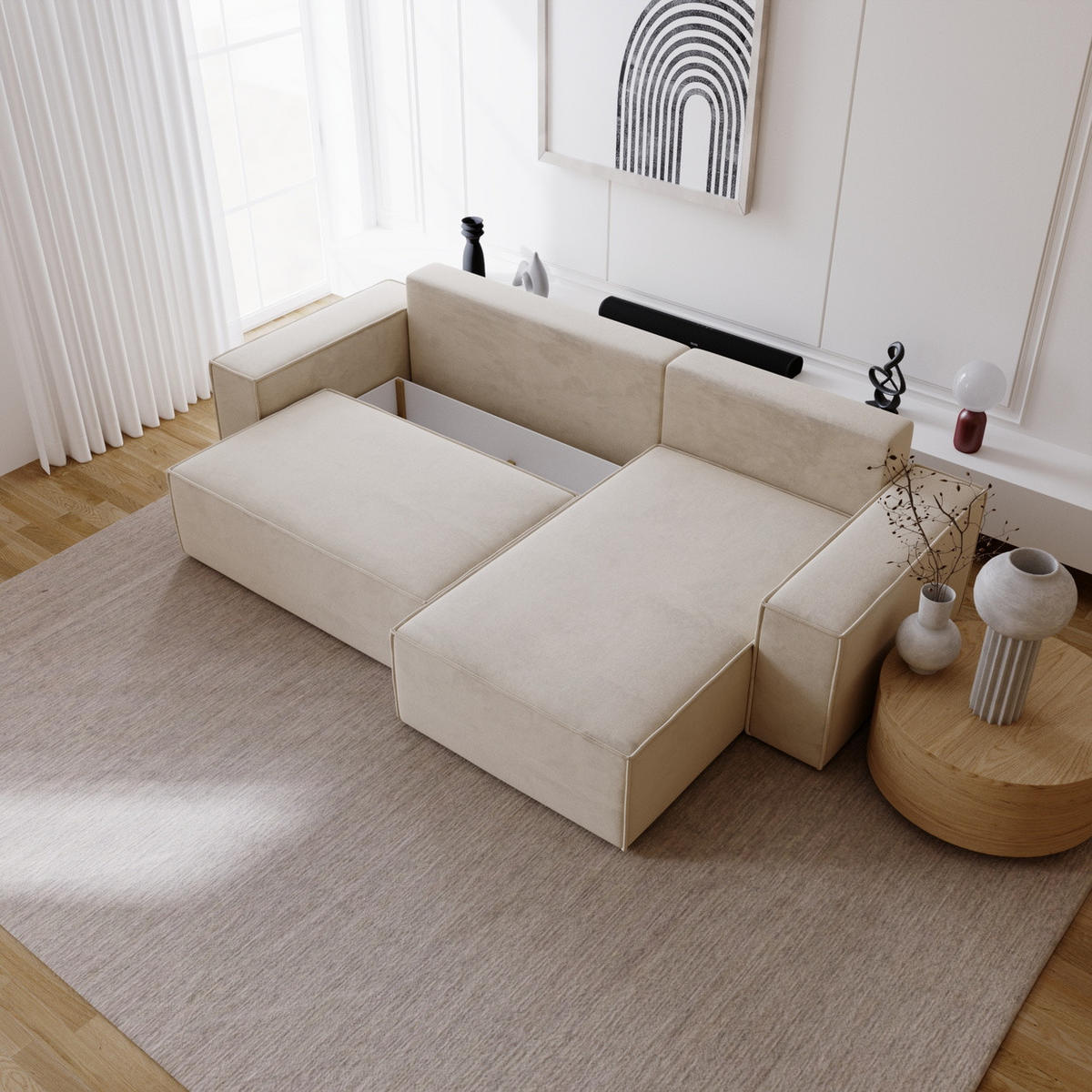 ECKSOFA mit Schlaffunktion Bergamo L 280 cm, Samt, Rechts - Beige - Beige, Holz (189/277cm) - Emporius