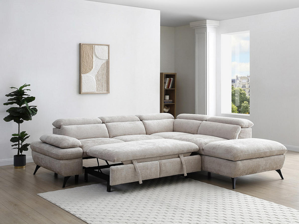 ECKSOFA mit Schlaffunktion - Ecke rechts - Strukturstoff - mit Rückenlehne - Beige - SURDELI - Beige, Textil (280/233cm) - Vente-Unique