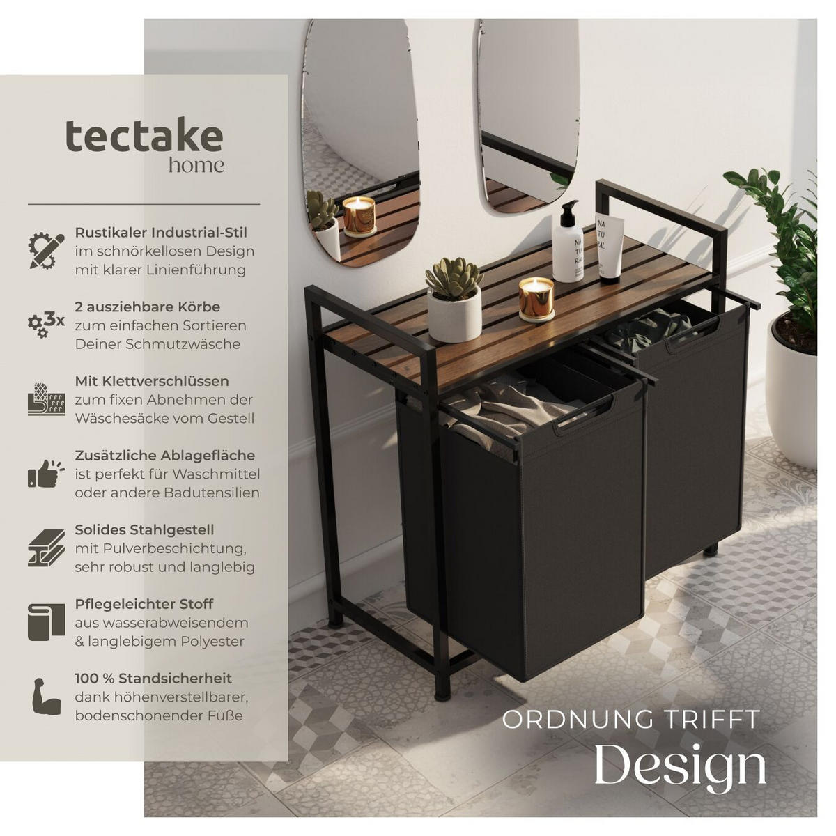 WÄSCHESORTIERER, höhenverstellbare Kunststofffüße,schwarz/braun - Schwarz/Braun, Metall (74/72/34cm) - tectake