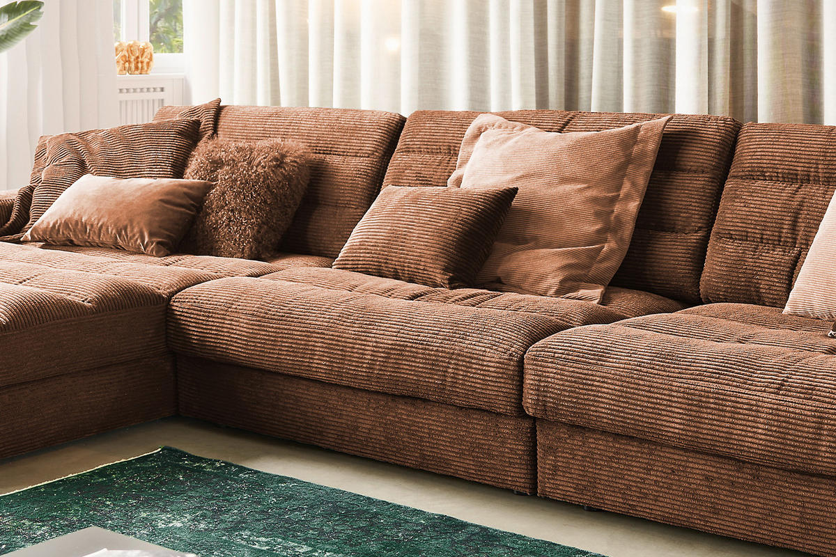 ECKSOFA XL LANA Braun Cord - Dunkelbraun/Schwarz, Textil (416/205cm) - KAWOLA