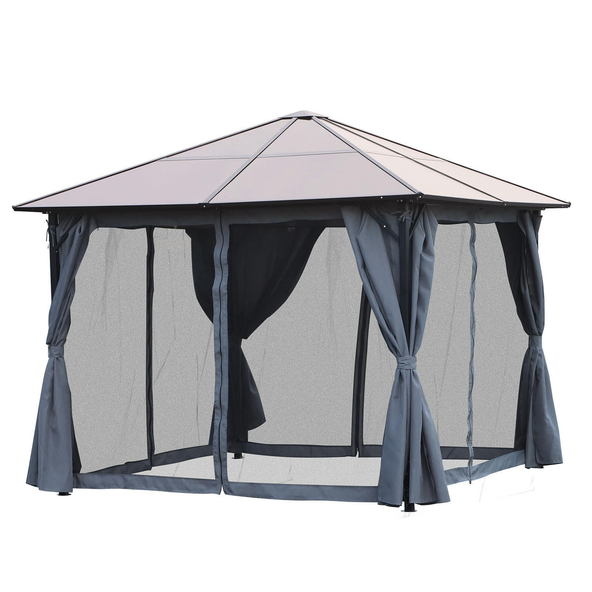 PAVILLON mit Polycarbonatdach, Vorhänge mit Fliegennetz, Alugestell, dunkelgrau, 3 x 3 m - Grau, Metall (300/265/300cm)