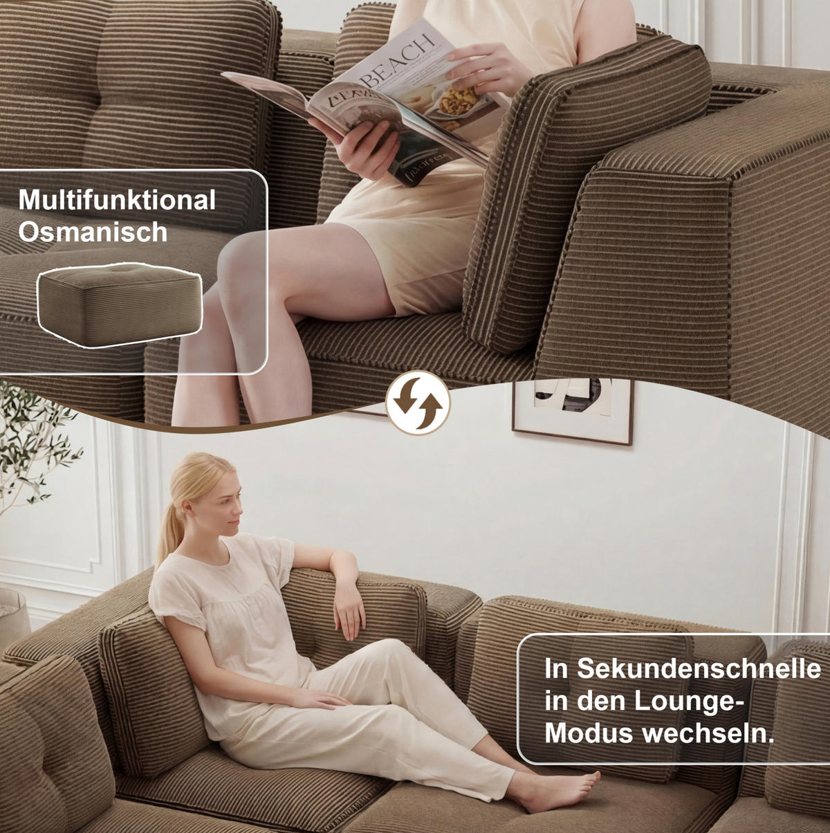 ECKSOFA 208/104/69 cm braun aus Cord mit modularem Design und weichem Komfort - Braun, Textil (104/208cm) - OKWISH