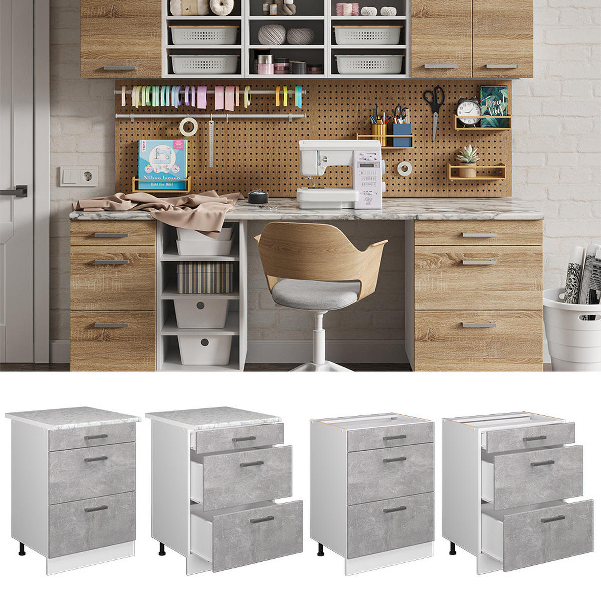 UNTERSCHRANK R-Line Beton 60 cm mit Schubladen, ohne AP - Schieferfarben/Weiß, Holzwerkstoff (60/81.6/46cm) - Vicco