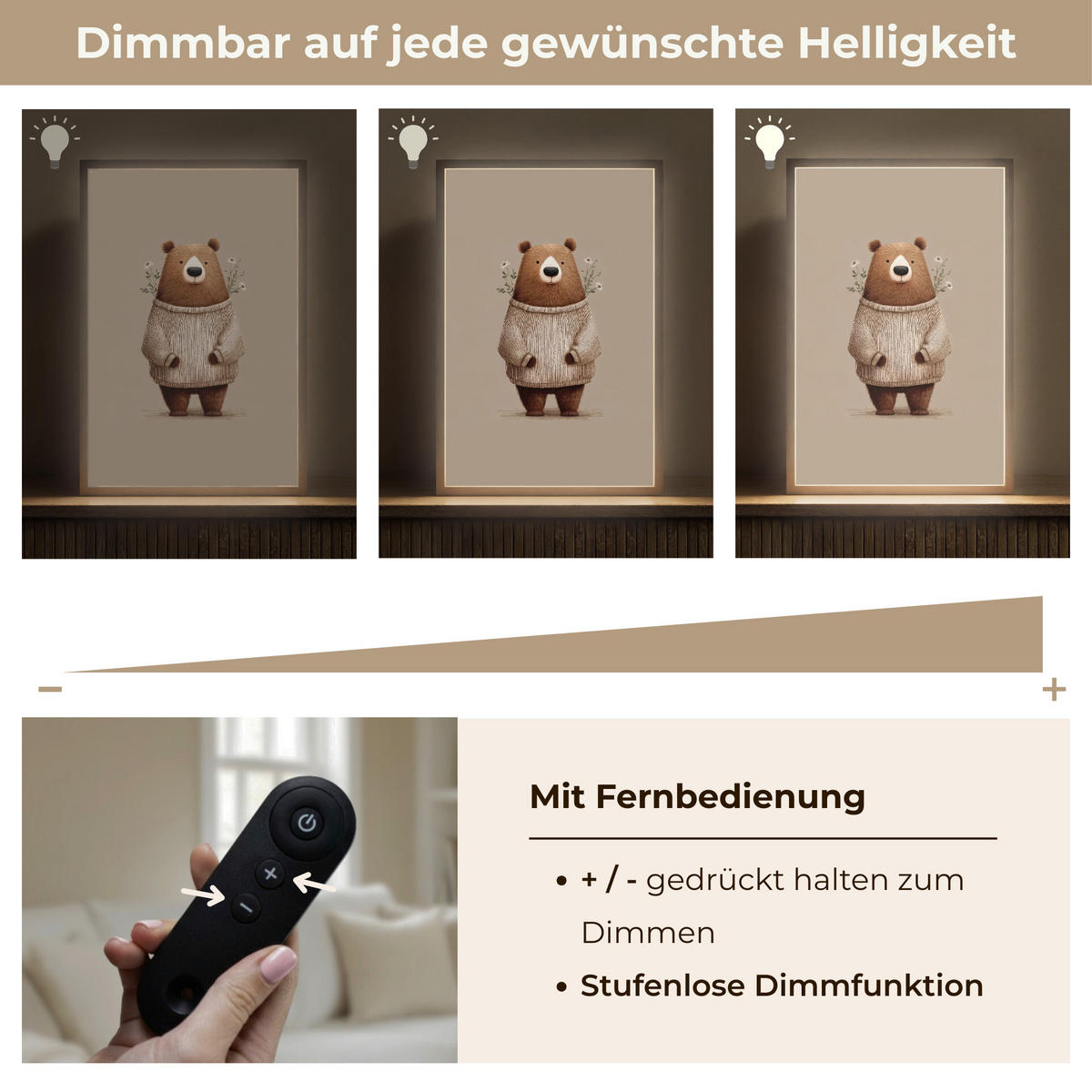 NACHTTISCHLAMPE MIT AKKU Bär - Weiße Blumen - Gemütlich 40x60 cm - Taupe, Holzwerkstoff (8/40/60cm) - OnlyWow