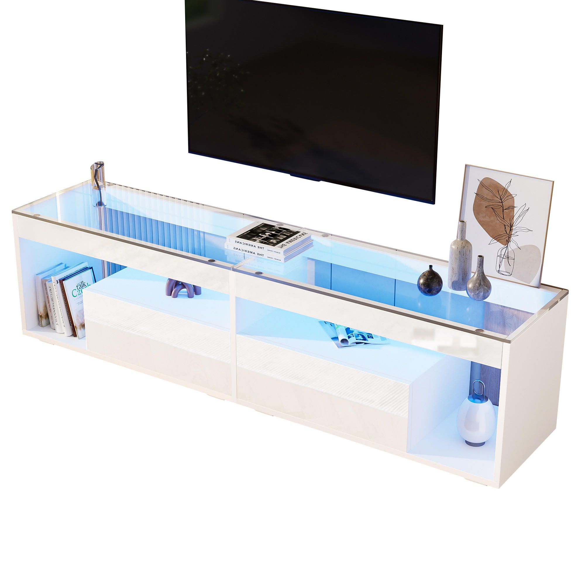 FLIEKS KOMODA POD TELEVIZI Bílá LED Lesk 2 Zásuvky Pro TV 70"