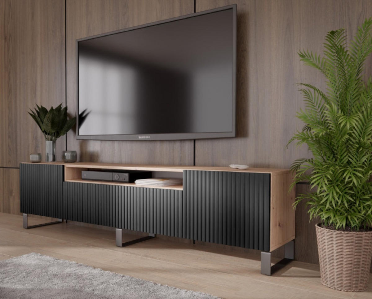 TV-SCHRANK Schwarz Marco Metallbeine Gefräste Fronten - Schwarz, Holzwerkstoff (200/53/41cm) - Sepro Meble