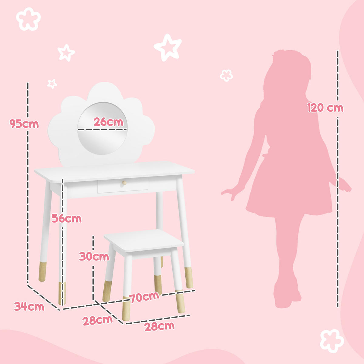 KINDERSCHMINKTISCH DE-18639 mit Spiegel in Wolkenform Weiß - Weiß, Holzwerkstoff (34/95/70cm) - ComfortXL