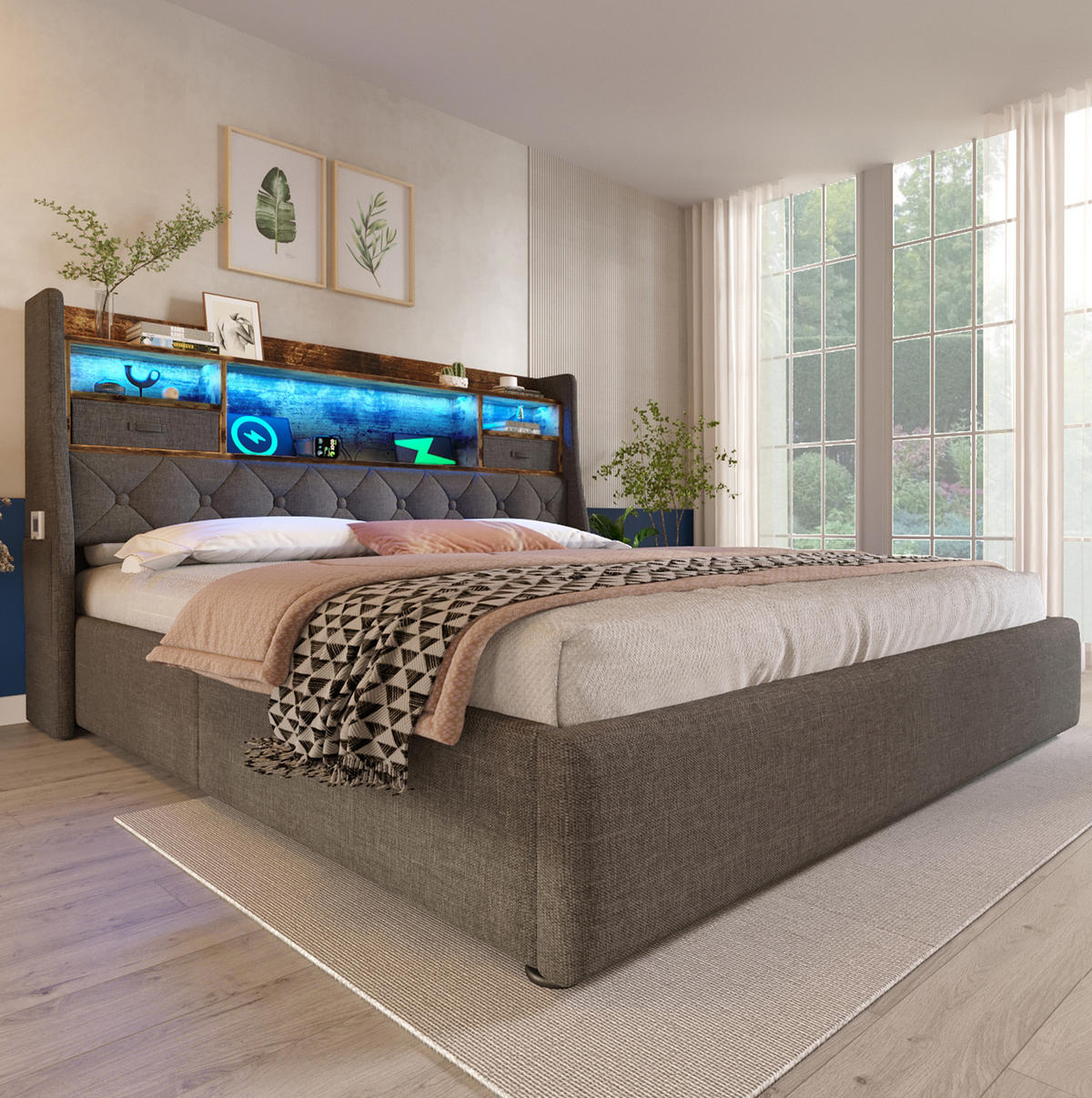 POLSTERBETT aus Leinenstoff 180x200 cm Grau mit hydraulischem Stauraum, LED-Beleuchtung und Ladeanschlüssen - Grau, Textil (180/200cm) - IVMEU