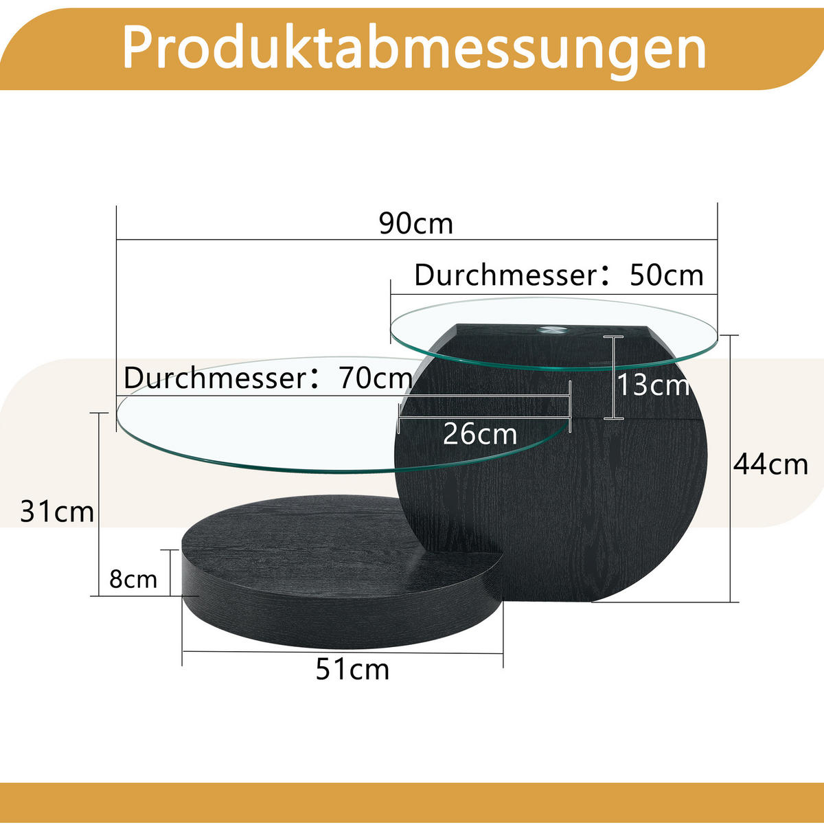 KONFERENČNÍ stolek, průměr 50/70 cm, MDF a sklo, černá/transparentní - průhledná, kompozitní dřevo (70/70/44cm) - BEAOK