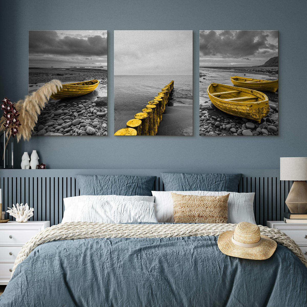 LEINWANDBILDER 3-es Set Boote Meer 3D - Gelb/Schwarz, Textil (90/40cm) - Muralo