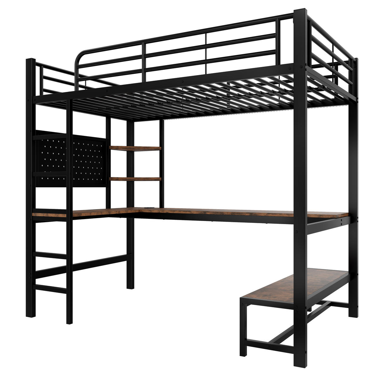 HOCHBETT 90/200 cm in Schwarz mit Schreibtisch, Regal, LED und USB/Type-C - Schwarz, Holzwerkstoff/Metall (90/200cm) - STILVORA