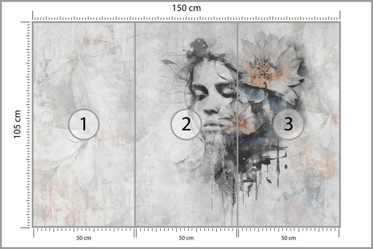 FOTOTAPETE für Wohnzimmer Gesicht Frau Grau Betonwand Blumen 150x105 - Grau, Papier (150/105cm) - Muralo