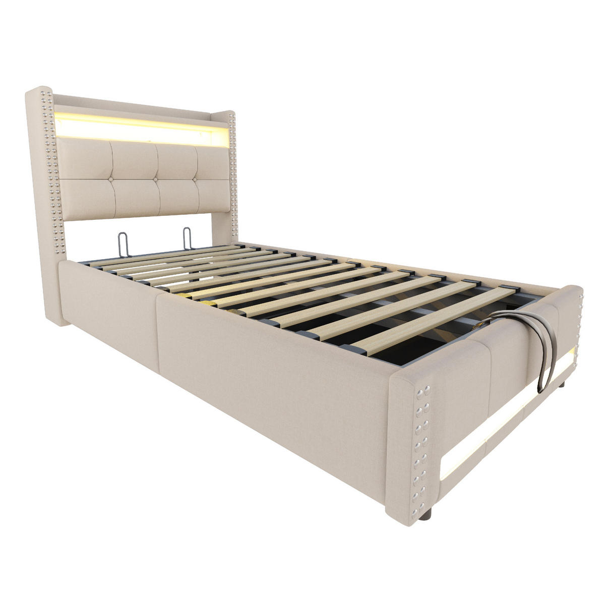 POLSTERBETT mit Stauraum, LED und USB 90x200 cm Leinenstoff Beige - Beige, Metall (90/200cm) - Beauniv