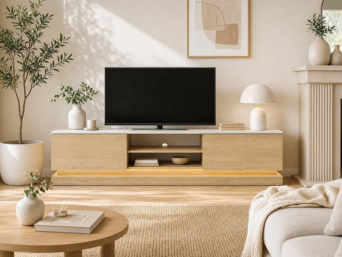 TV-BOARD - 190 cm x 40 cm - holz - naturfarben hell, weiß Devika - Naturfarben/Weiß, Holz (190/44/40cm) - Vente-Unique