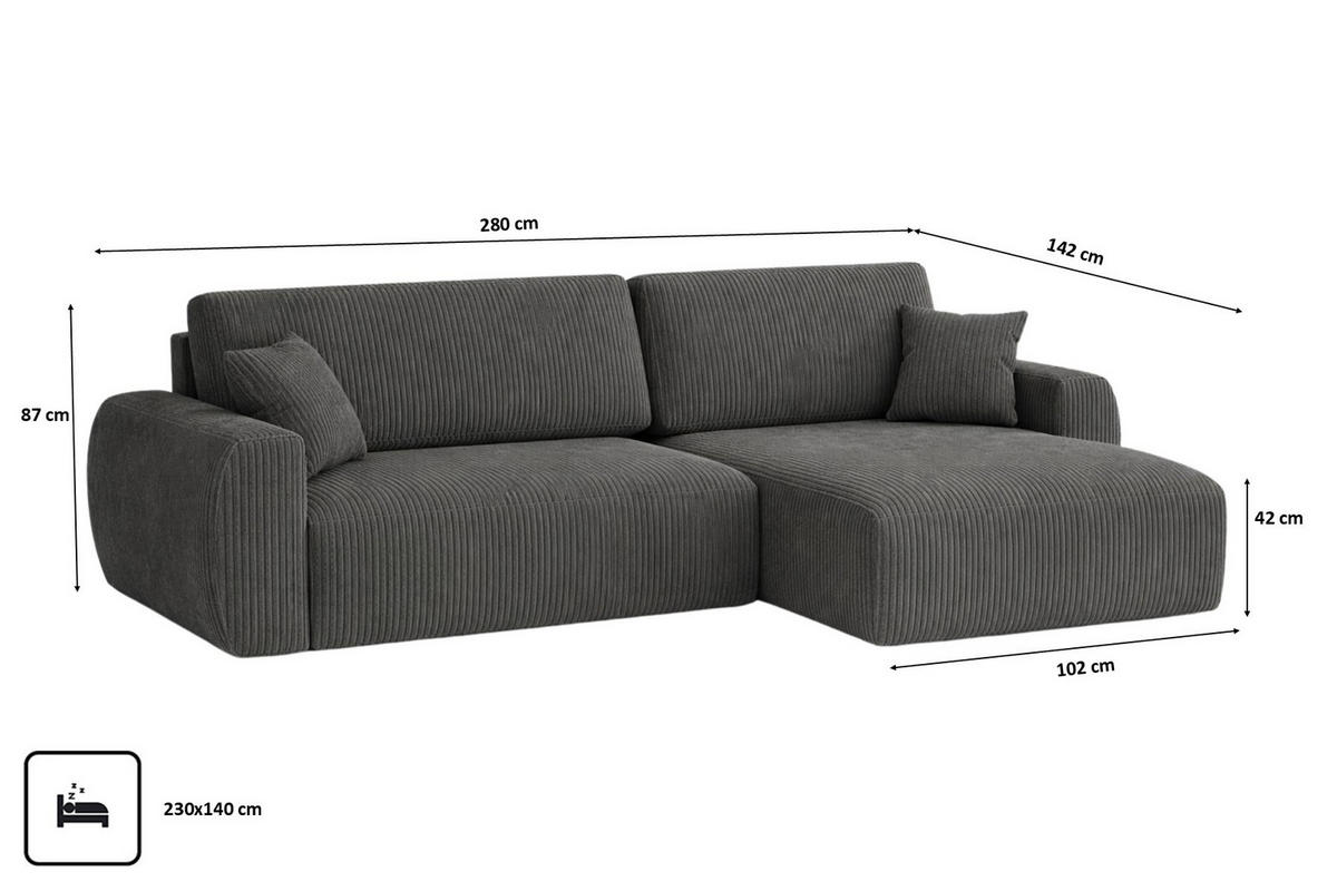 ECKSOFA Mit Schlaffunktion, Ariel XL, Cordstoff, Stoff Poso, Grau, Rechts - Grau, Holz (280/142cm) - Kaiser Möbel