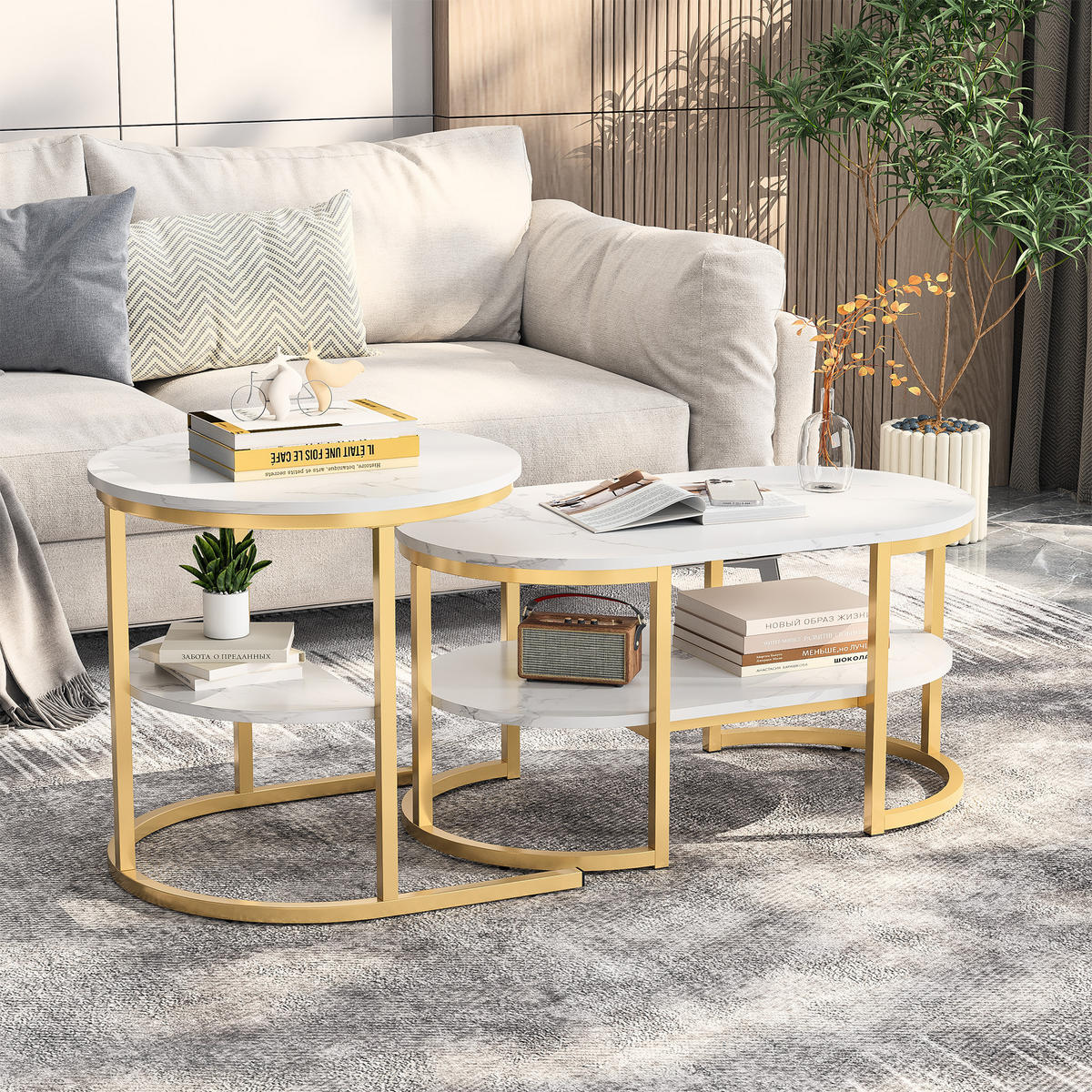 COUCHTISCH-SET DE-37267 2-in-1 Nesting mit Marmoroptik Gold - Weiß, Metall (100/46/41cm) - ComfortXL