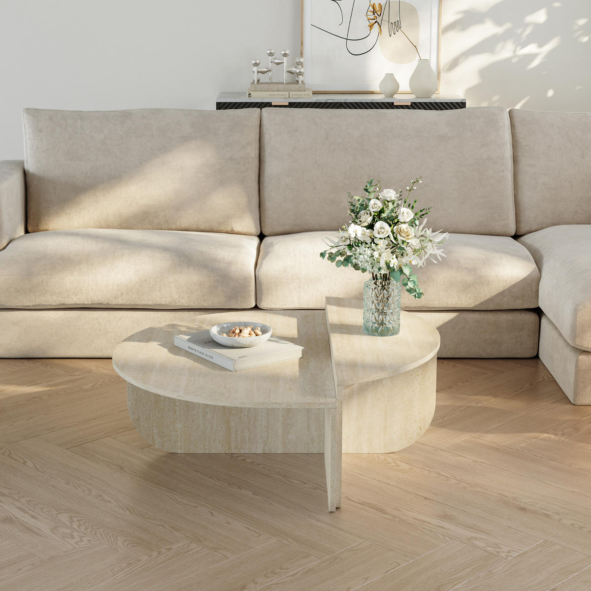 KAVANOVÝ STOLEK Tondesdaslo 90/90/35 cm - béžová, kompozitní dřevo (90/90/35cm) - [en.casa]