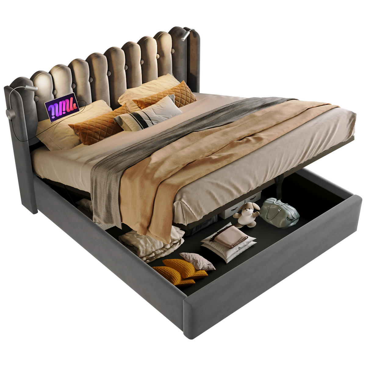 POLSTERBETT 140/200 cm grau mit Leselampe und Ladefunktion - Grau, Textil (140/200cm) - OKWISH