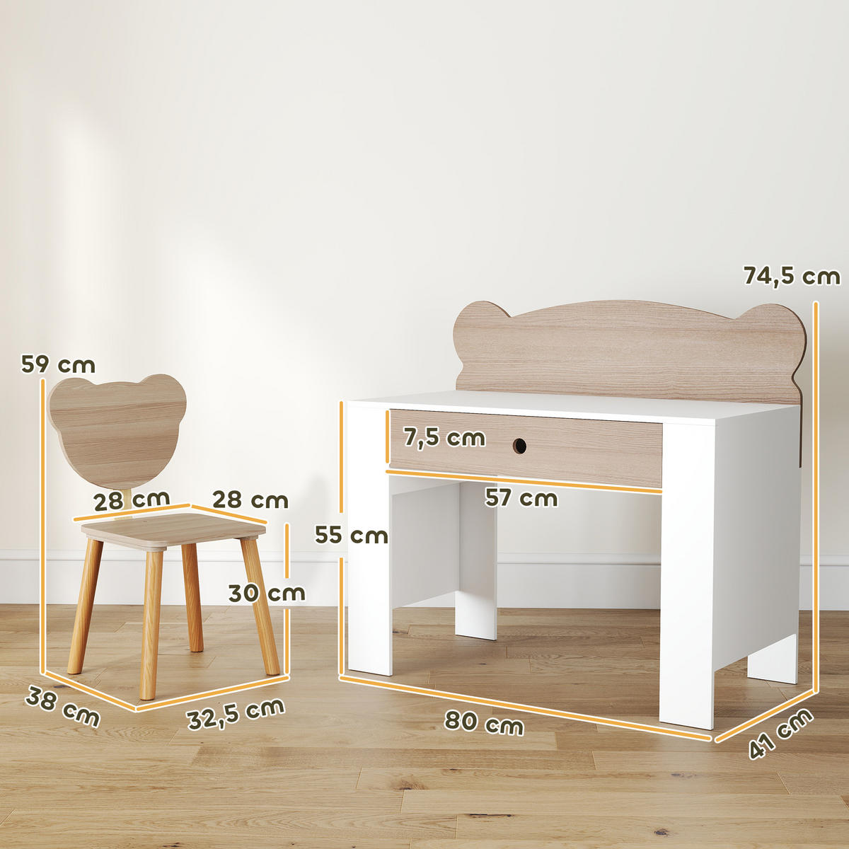 KINDERSCHREIBTISCH Set mit Tischplatte & Schublade Kinder Schreibtisch und Stuhl - Naturfarben, Holz (41/74.5/80cm) - AIYAPLAY