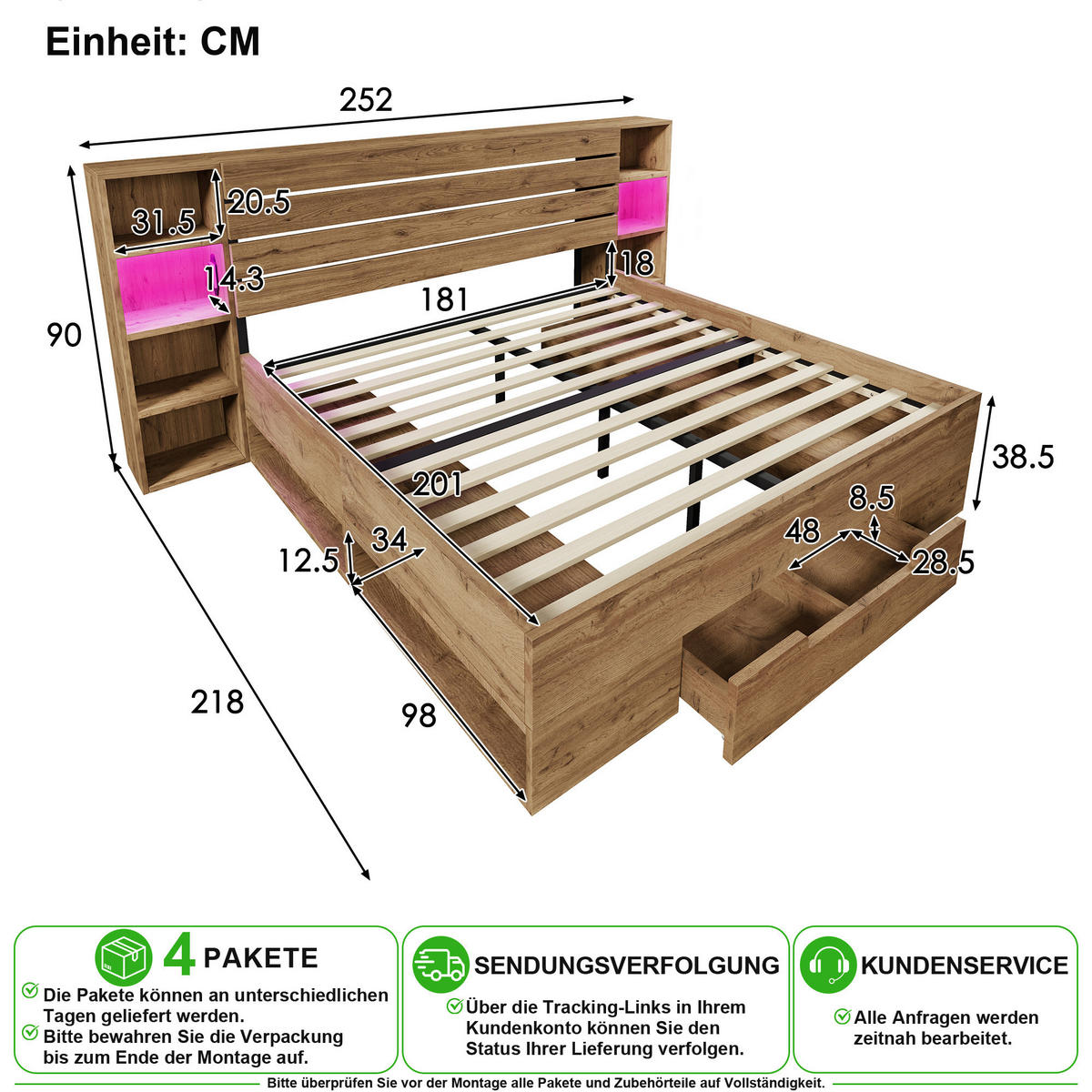 BETT 180/200 cm in Eiche mit LED, USB, Type-C und 2 Schubladen - Eichefarben, Holz/Holzwerkstoff (180/200cm) - CHICFURN