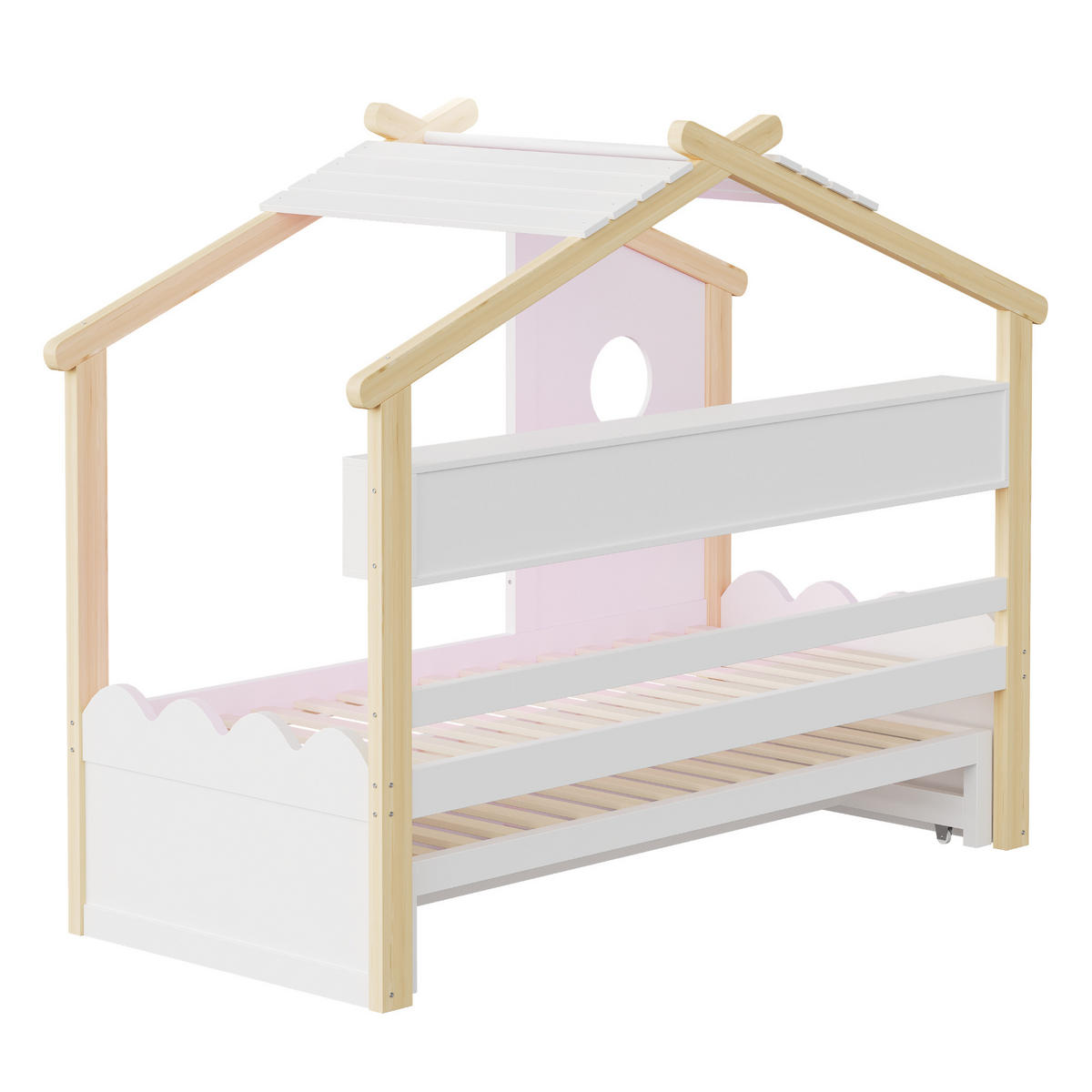 KINDERBETT 90/200+90/190 mit Ausziehbett, Schubladen, LED, USB/Type-C und Regalen in Weiß + Natur - Weiß/Naturfarben, Holzwerkstoff (90/200cm) - EVRYAE