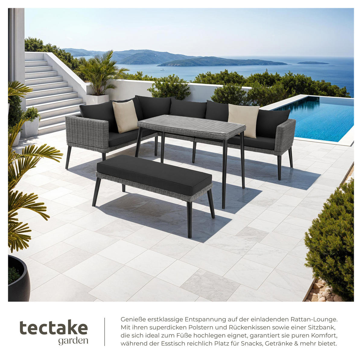 RATTANLOUNGE Pula,mit Sicherheitsglasplatte,grau - Grau, Kunststoff/Metall - tectake