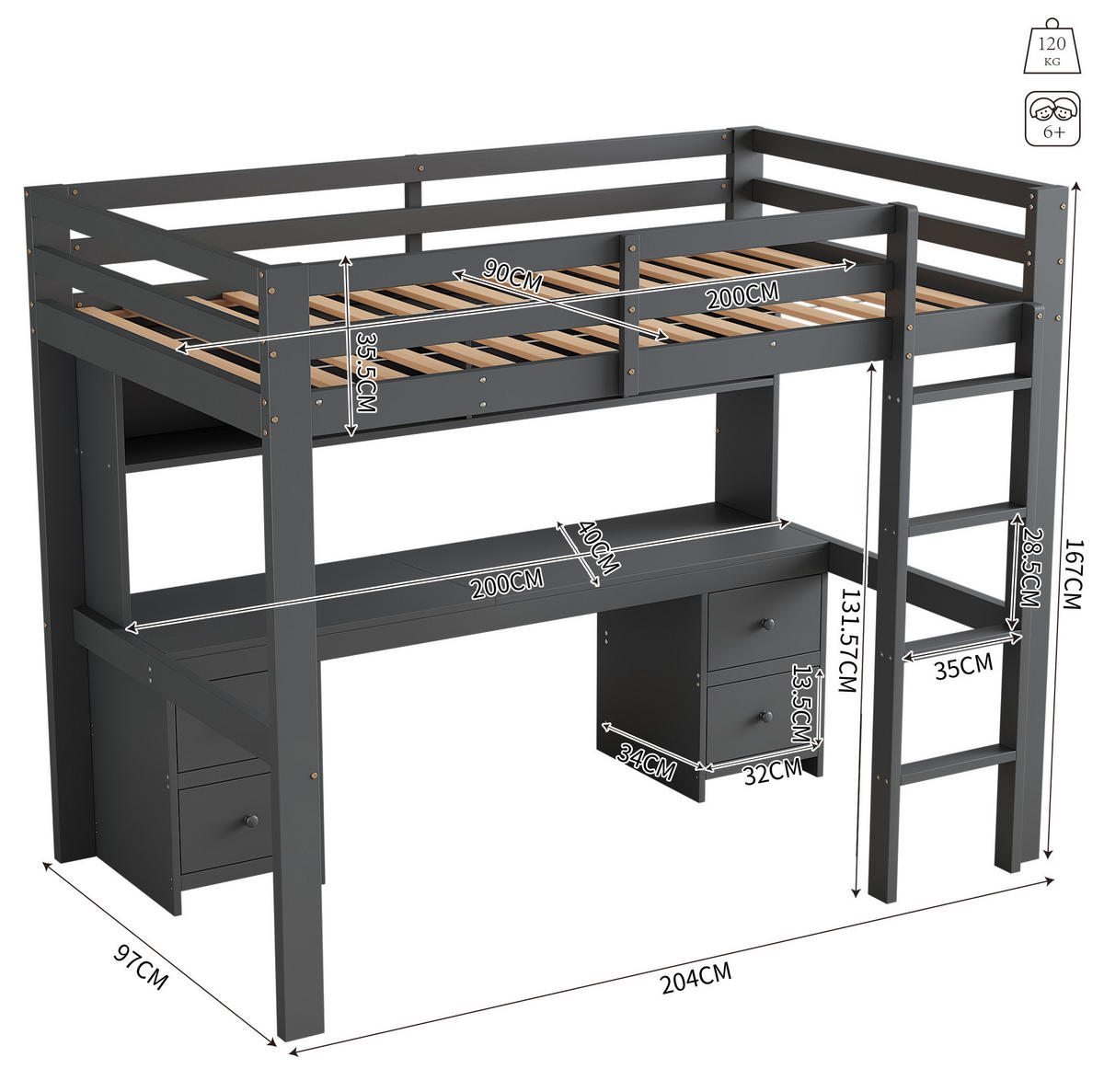 HOCHBETT 90/200 cm Grau aus Kiefernholz und MDF mit Schreibtisch und Stauraum - Grau, Holz (90/200cm) - OKMYHOME