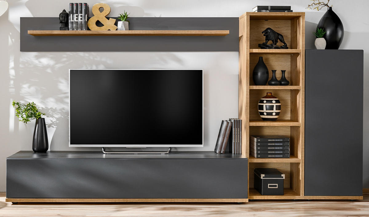 WOHNWAND grau, Wotan Eiche 240 cm, Schrankwand mit Push-to-Open - Eichefarben/Schwarz, Holzwerkstoff/Kunststoff (240/129/40cm) - Furn.Design