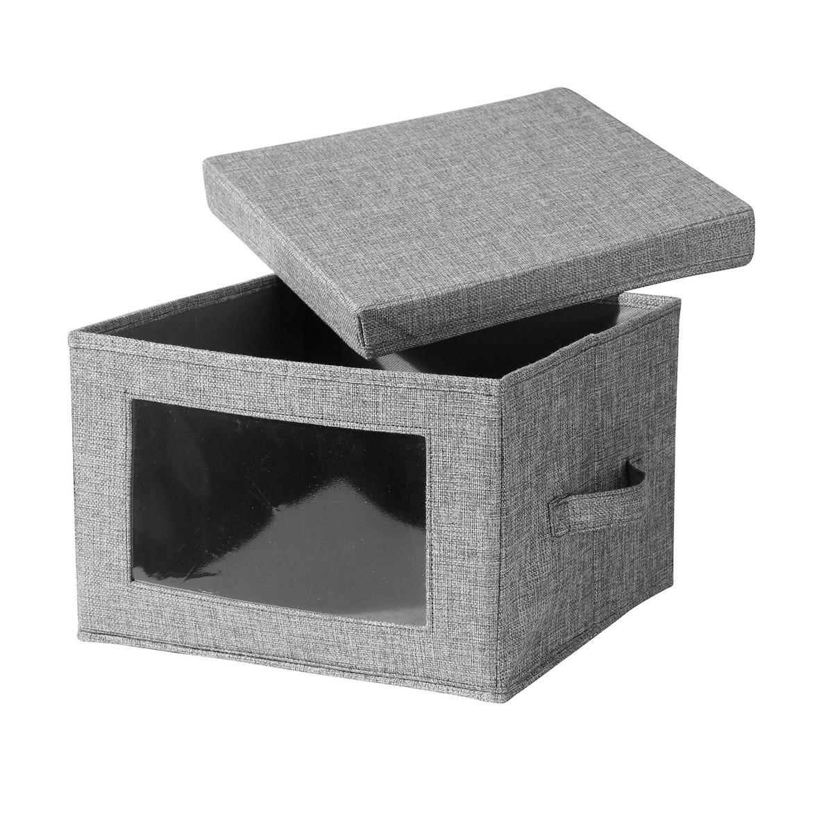 AUFBEWAHRUNGSBOX aus stoff mit leinenoptik grau mit transparentem fenster - 30/30/20 cm - Grau, Textil (32/30/20cm) - Calicosy