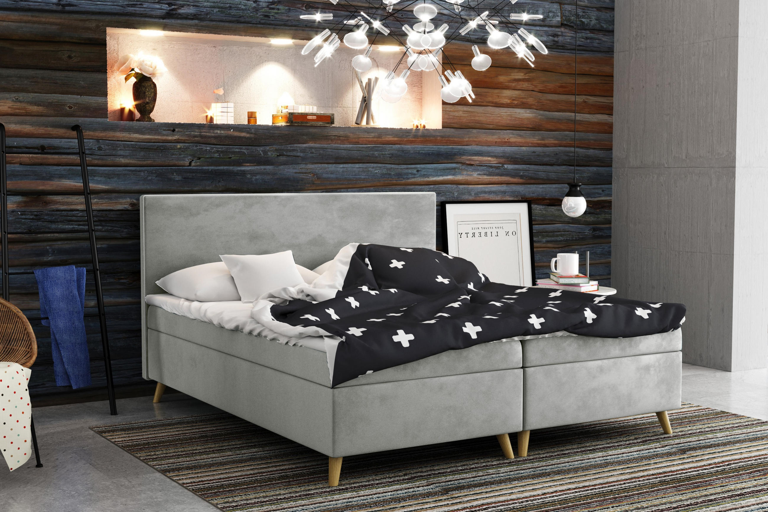 BOXBETT Mit Bettkasten Matratze + Topper BELLA Stoff Riviera Grau 180x200 cm H2-Pocket - Grau, Holz (180/200cm) - Kaiser Möbel
