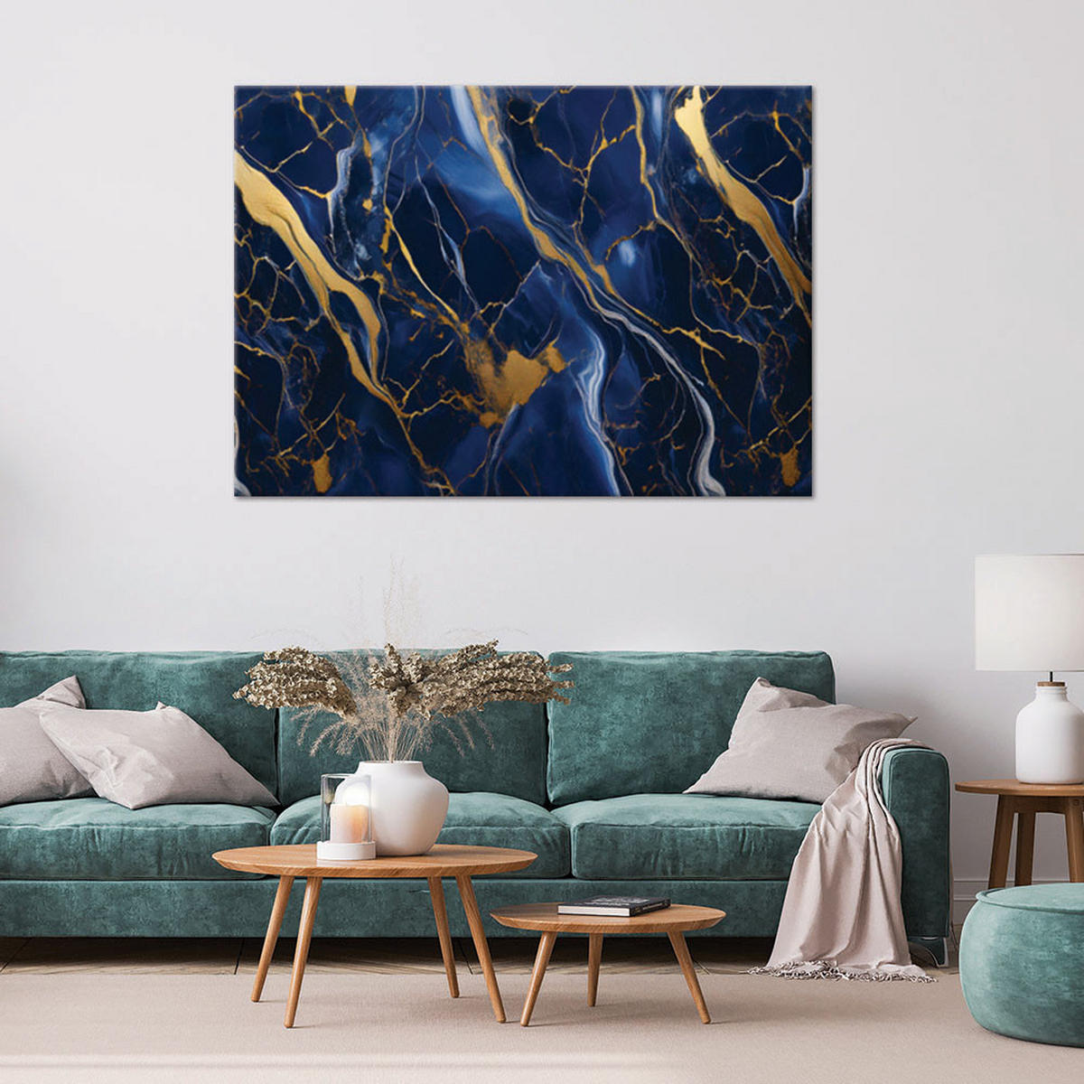 LEINWANDBILD Blauer Marmor mit goldenen Lofts - Blau, Textil (60/40cm) - Feeby