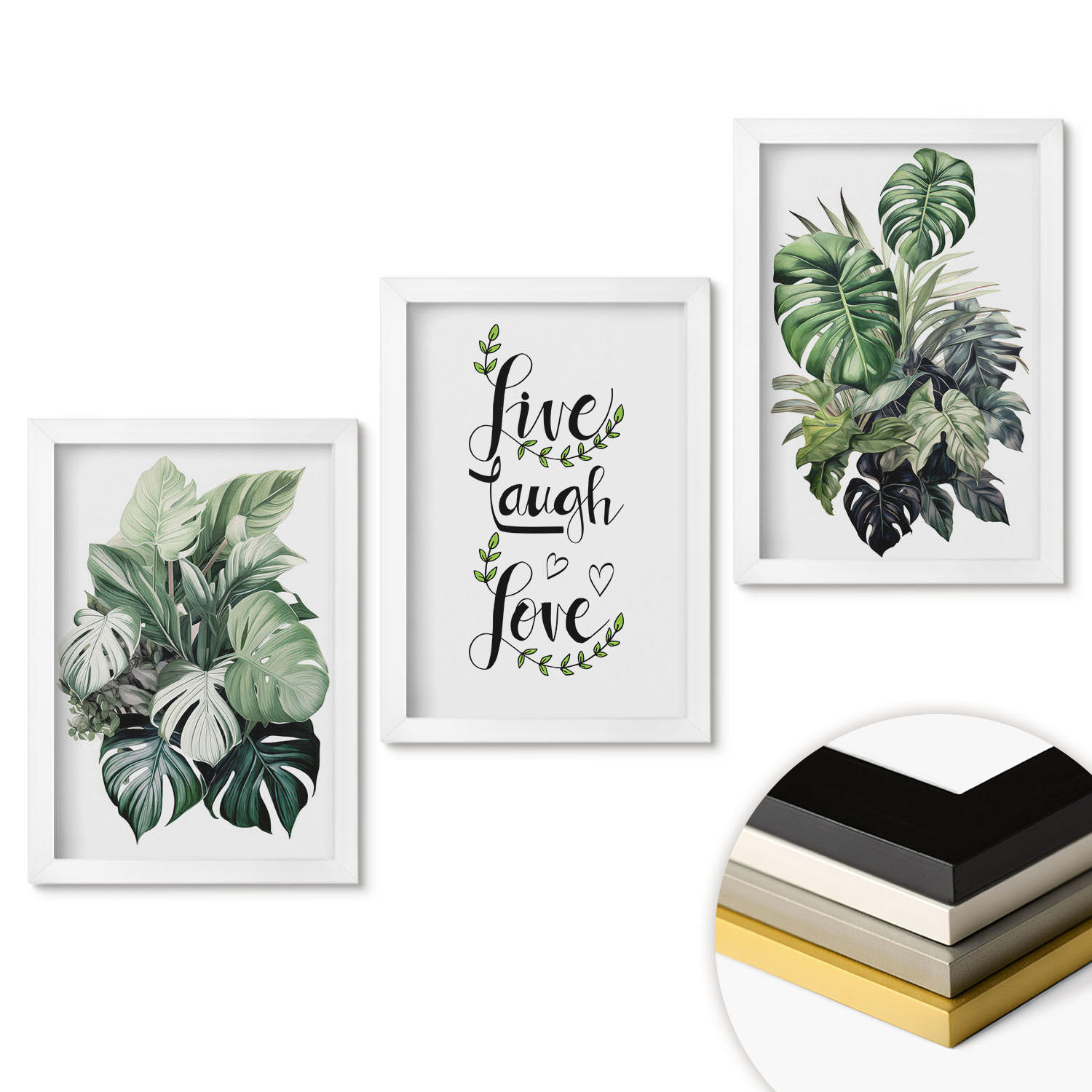 WANDBILDER 3er-Set - 20x30 cm Weißer Rahmen - Blattpflanzen leben, lachen, lieben - Weiß, Kunststoff (20/30cm) - ArtPrintCave