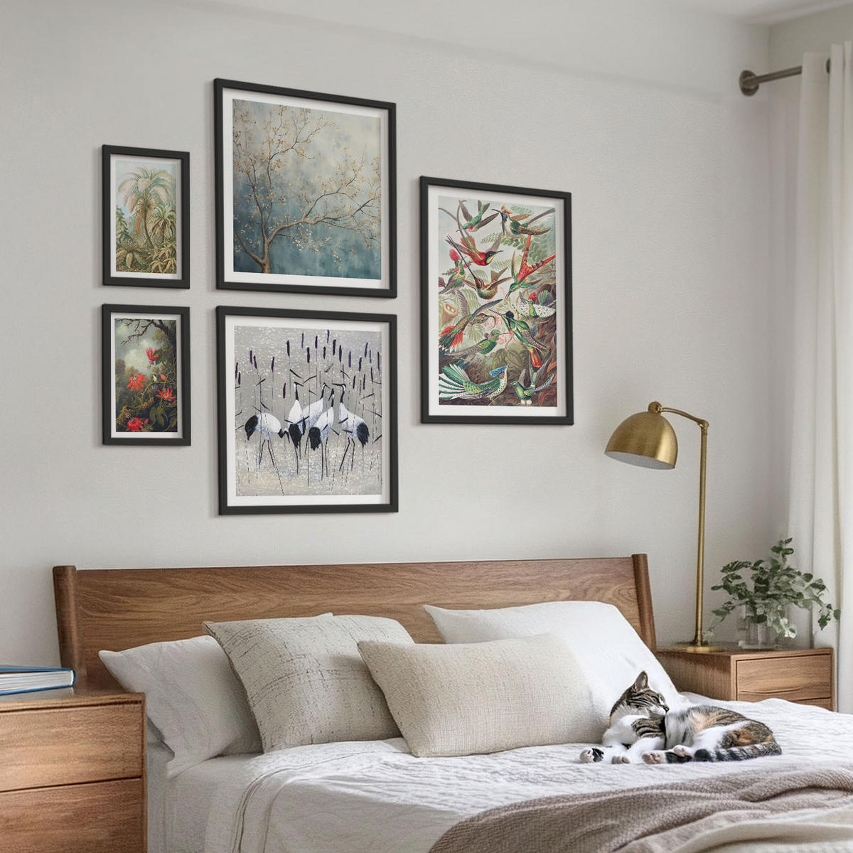 BILDER SET 5er Set - 50x50 cm & 20x30 cm & 40x60 cm Schwarzer Rahmen - Pastellfarbene Berglandschaft mit rosa Flamingos - Schwarz, Kunststoff (40/60cm) - TULUP
