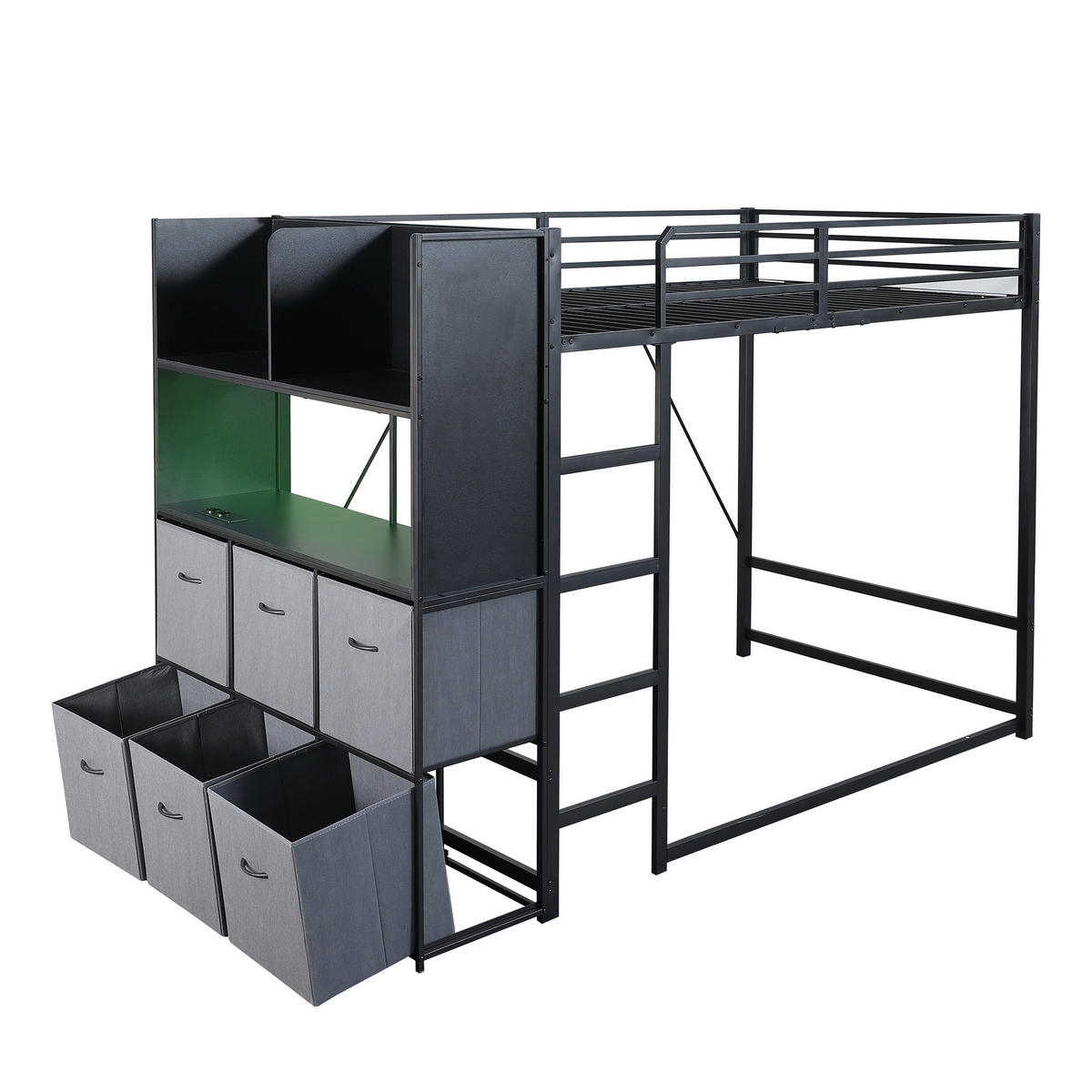 HOCHBETT 120/200 cm mit Stauraum und Ladestation, DE-41770, in Schwarz - Schwarz, Metall (120/200cm) - ComfortXL