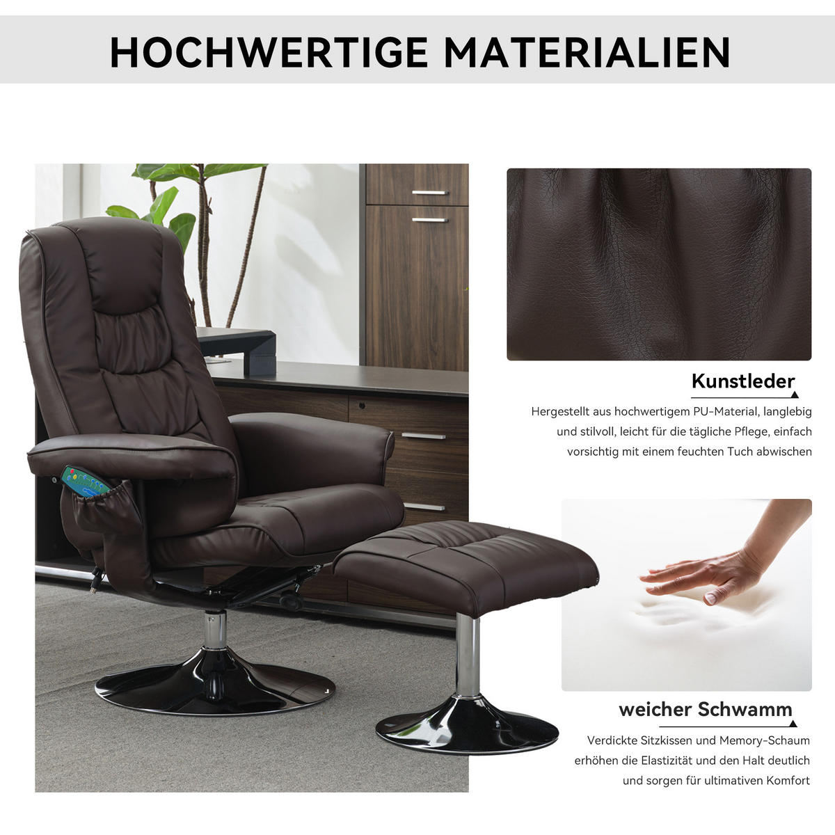 MASSAGESESSEL PU-Leder mit Heizfunktion und Fußhocker 79/79/106 cm Braun - Braun, Kunststoff (79/106/79cm) - Redom