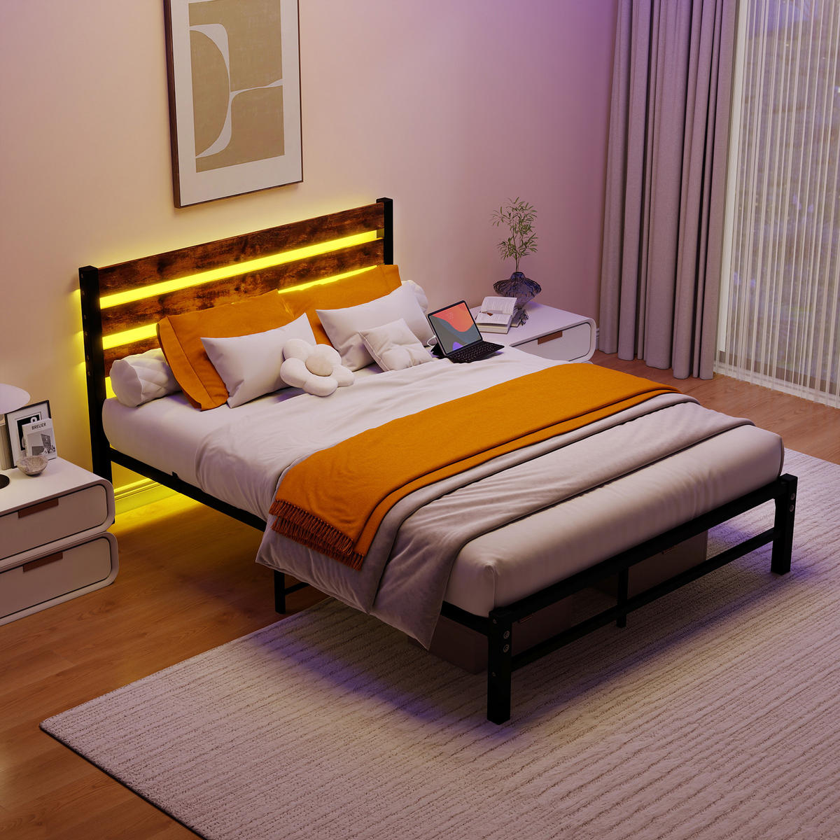 METALLBETT 140/200 cm Braun mit USB-Ladestation und LED-Bettrahmen - Braun, Metall (140/200cm) - Oxeza