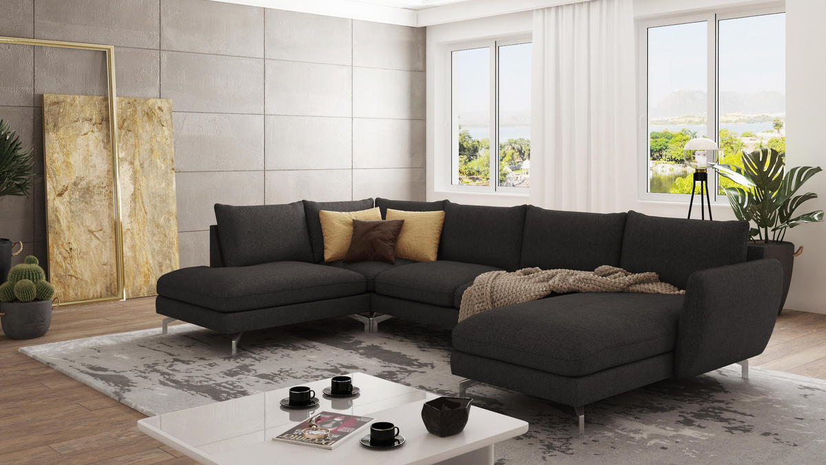 WOHNLANDSCHAFT Elou Graphit Luxusmicrofaser - Chromfarben/Graphitfarben, Textil/Metall (336/87/200cm) - S-Style Möbel