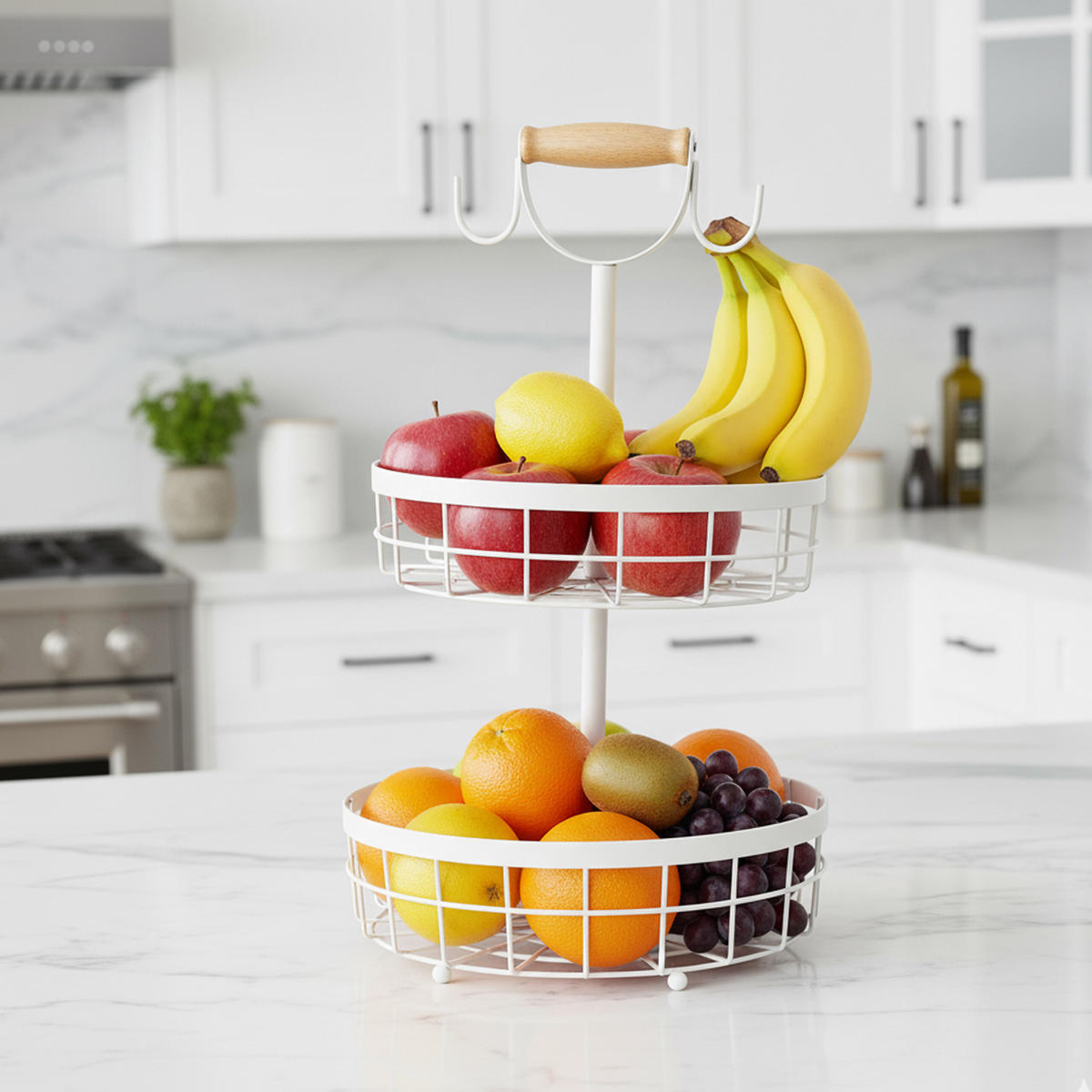 OBSTKORB-ETAGERE - Weiß, Holz/Metall (28/52cm) - Relaxdays