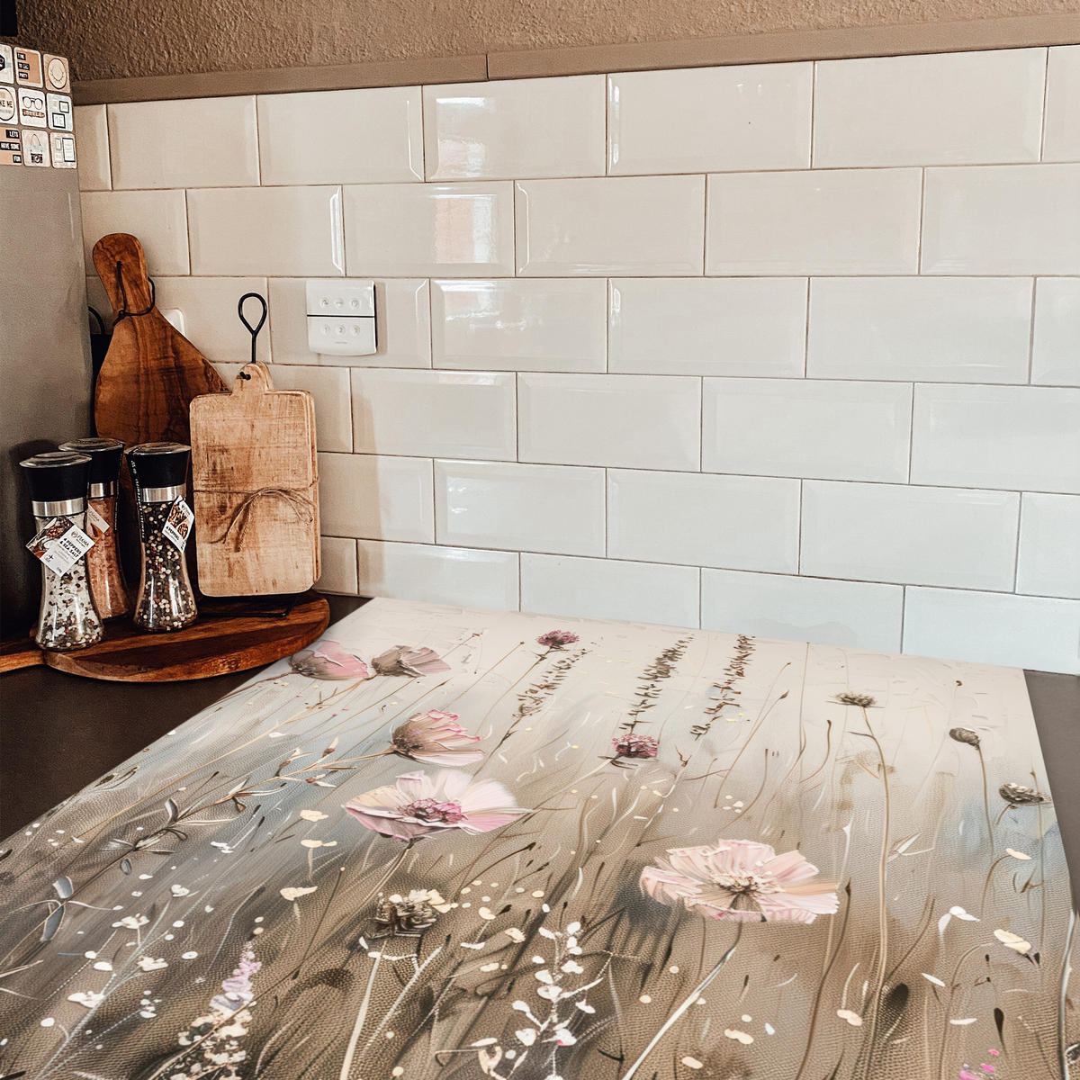 HERDABDECKPLATTE Blumen - Beige - Trockenblumen 78x78 cm - Beige, Kunststoff (78/78/0.2cm) - MuchoWow