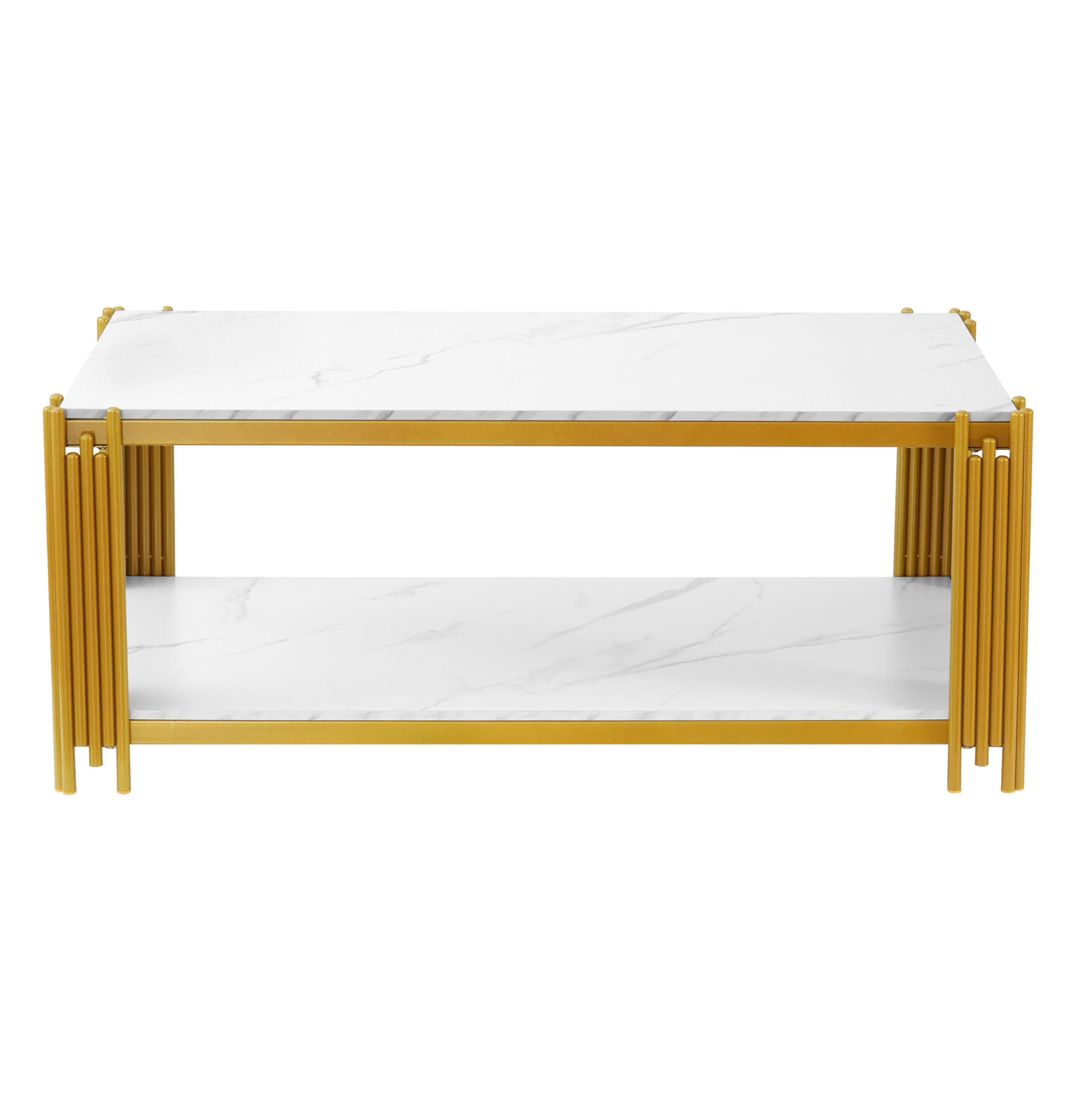 Modfu KONFERENČNÍ stolek z MDF a kovu 114x46x64 cm bílá/zlatá se 2 policemi a deskou v mramorovém dekoru