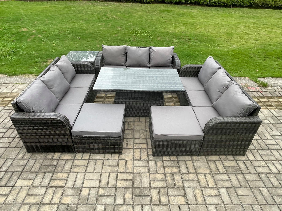 GARTENSOFA Hohe Rückenlehne Polyrattan 11-Sitzer - Dunkelgrau/Grau, Glas/Kunststoff - Fimous