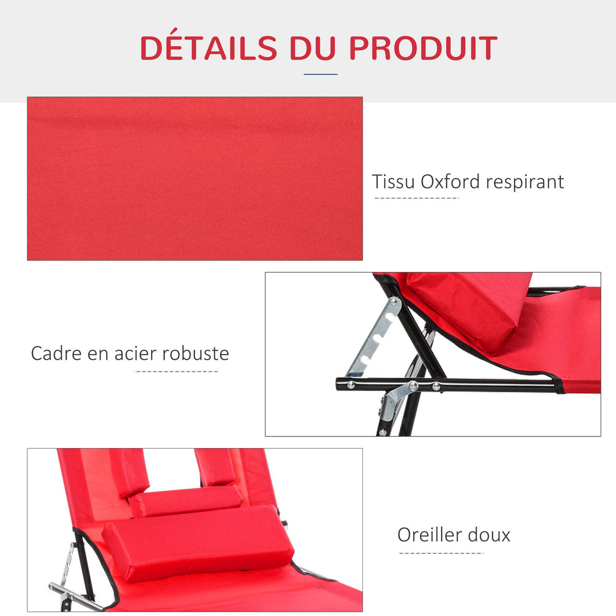 SONNENLIEGE DE-15582 klappbar, 4-fach verstellbar Rot - Rot, Metall (58/36/187cm) - ComfortXL