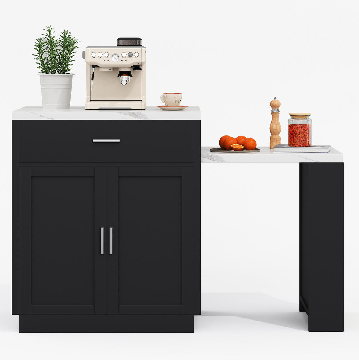 KUECHENINSEL mit ausziehbarem Esstisch 211 x 55 x 89,5 cm MDF Schwarz - Schwarz, Holz (55/89.5/211cm) - Beauniv