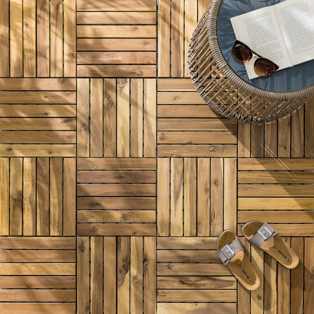 TERRASSENFLIESE - Akazie massiv - 33er-Set - Akaziefarben, Holz/Kunststoff (30/30/2.4cm) - home24