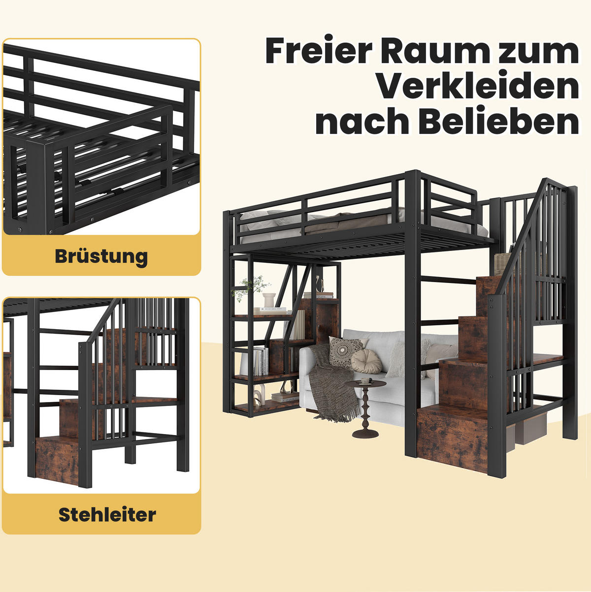 HOCHBETT 90/200 cm schwarz aus Metall und MDF mit LED und Stauraumtreppe - Schwarz, Holzwerkstoff (90/200cm) - OKWISH