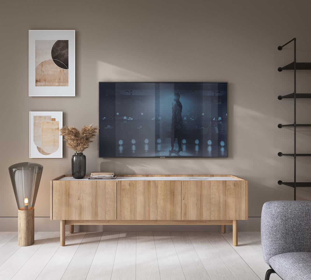 TV-SCHRANK Elora 144x48x37 cm - Lowboard mit Stauraum - Tv Ständer aus Laminierter Spanplatte - Helle Eiche mit Bianco-Marmor Farbe - Eichefarben, Holzwerkstoff (137/42.5/33cm) - Chilly