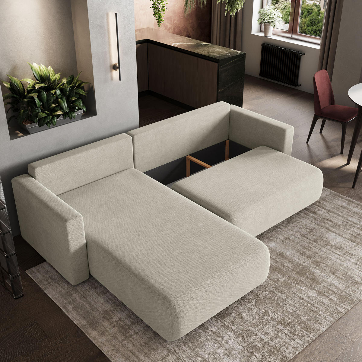 ECKSOFA TURIN Creme Geflochtener Stoff mit Schlaffunktion - Creme, Holz (265/183cm) - MASSENO